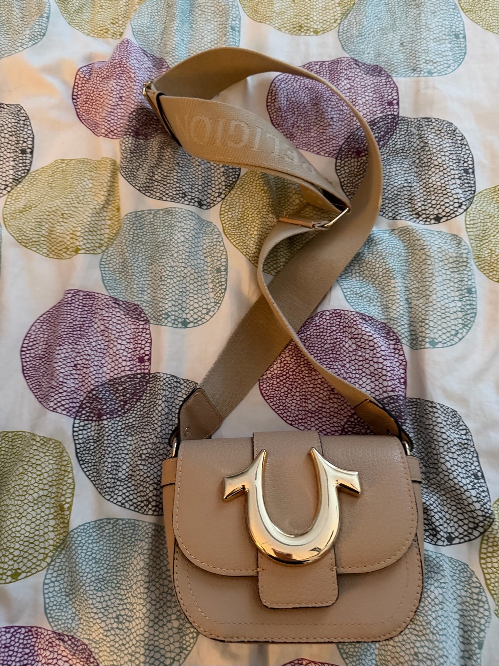 True Religion Taupe Crossbody with Gold Horseshoe Accent